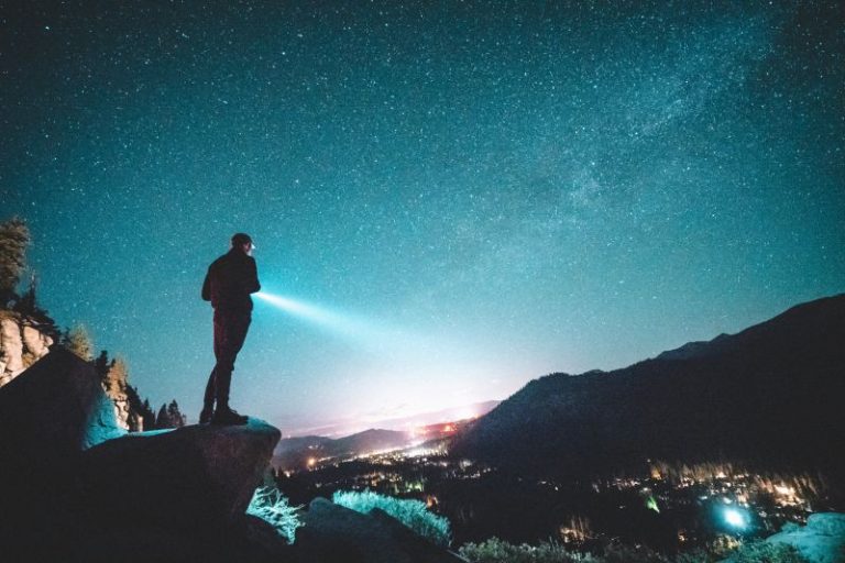 a person standing on a rock looking at a city at night